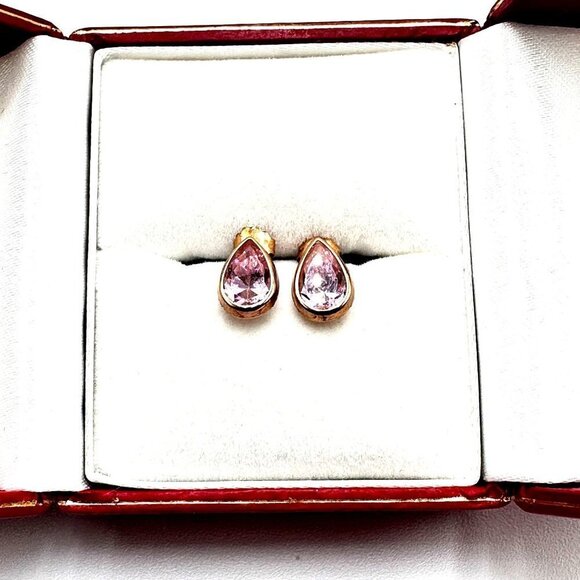 Estate 14K Yellow Gold Pink Cubic Zirconia Teardrop Pierced Stud Earrings